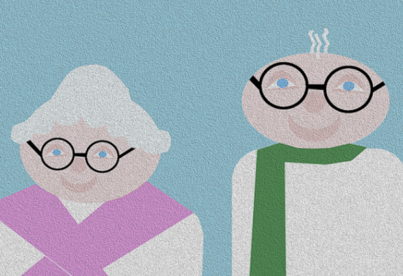 grandmother with pink scarf and grandfather with green scarf